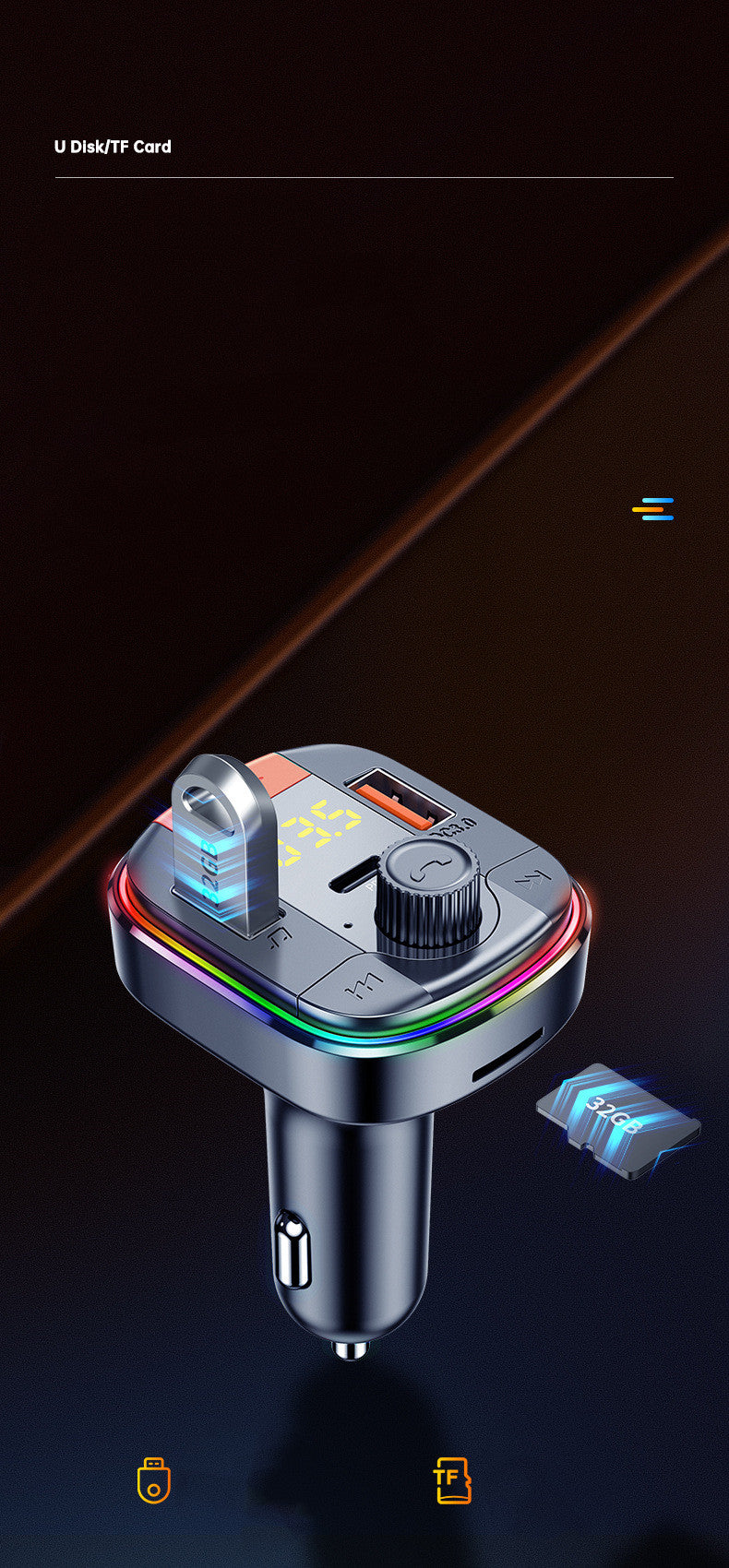 Transmetteur FM Bluetooth 5.0 Voiture – Chargeur Rapide QC3.0 & Lumière Ambiance