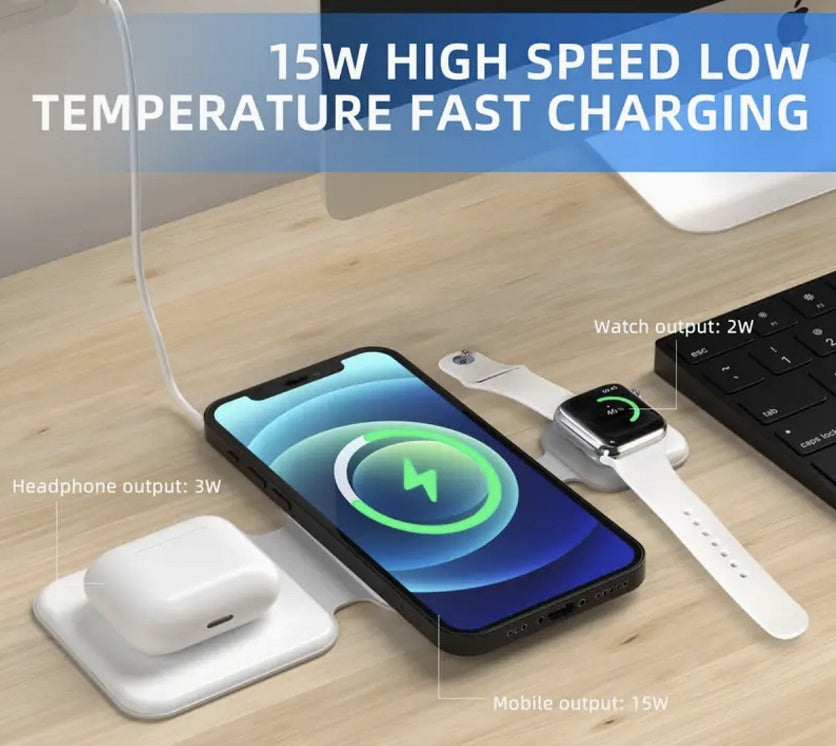 Chargeur Sans Fil 3-en-1 Magnétique Pliable – Station de Charge Rapide 15W