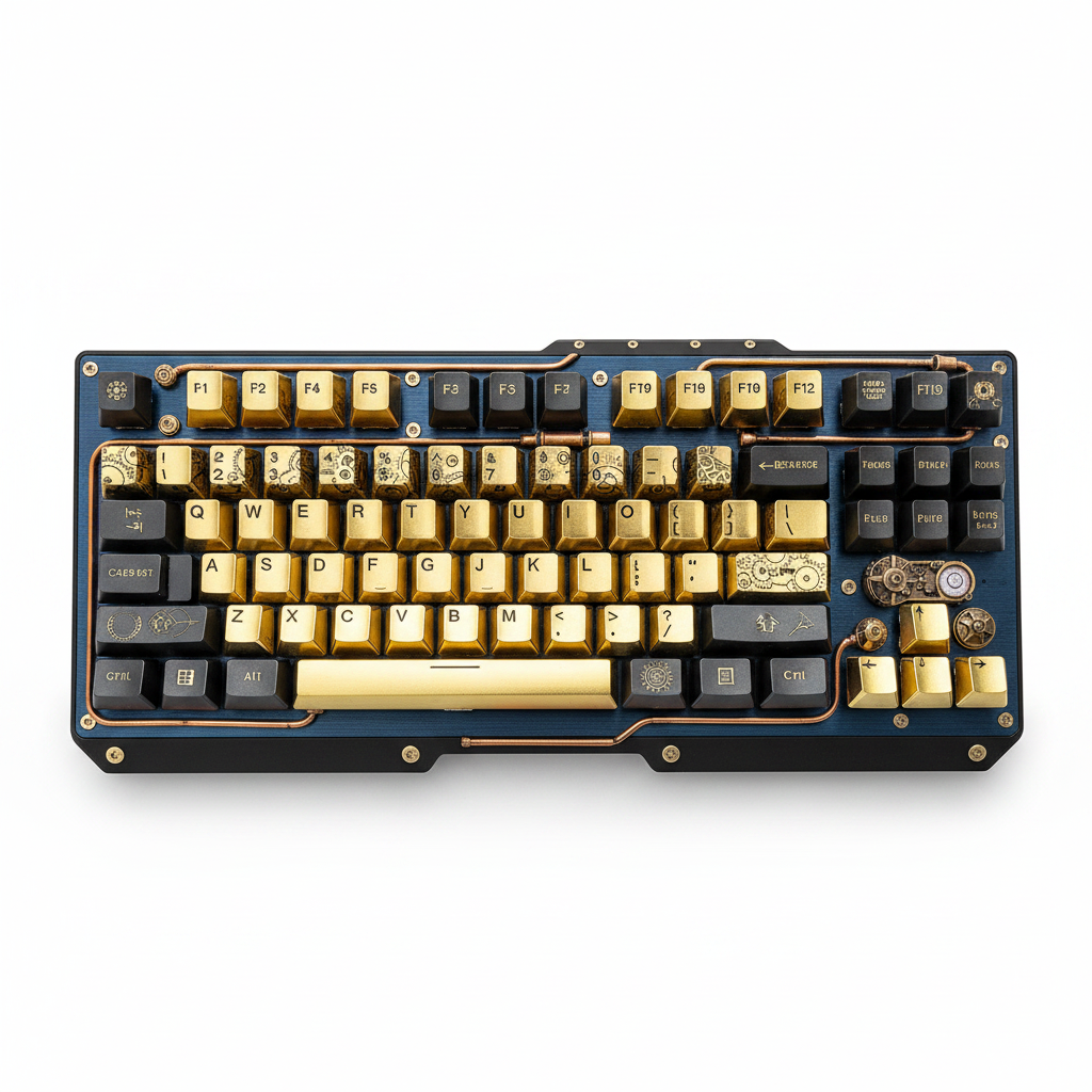 Clavier mécanique gaming Steampunk 104 touches Punk Gold sur fond blanc