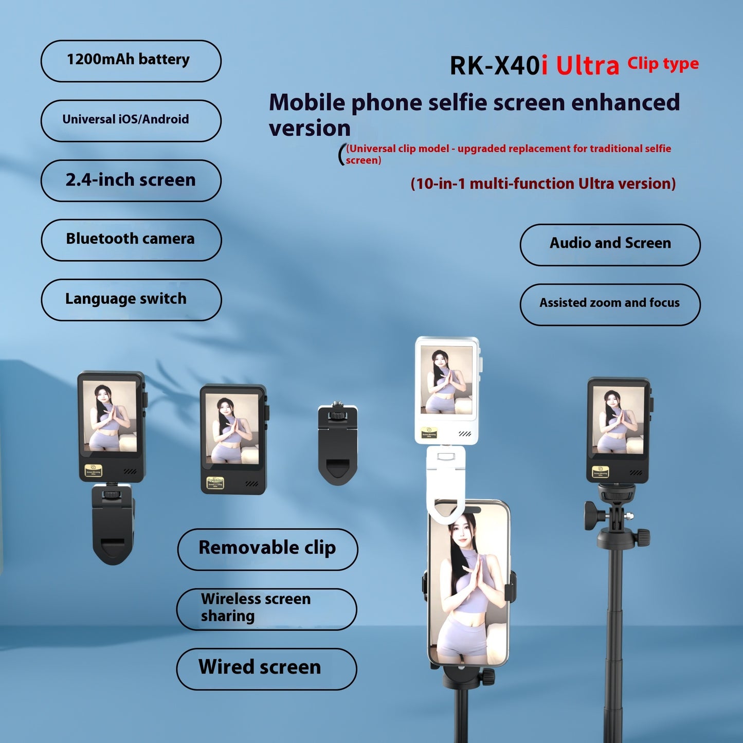 Dispositif Selfie & Partage d’Écran Sans Fil – Écran IPS 2,4” & Bluetooth