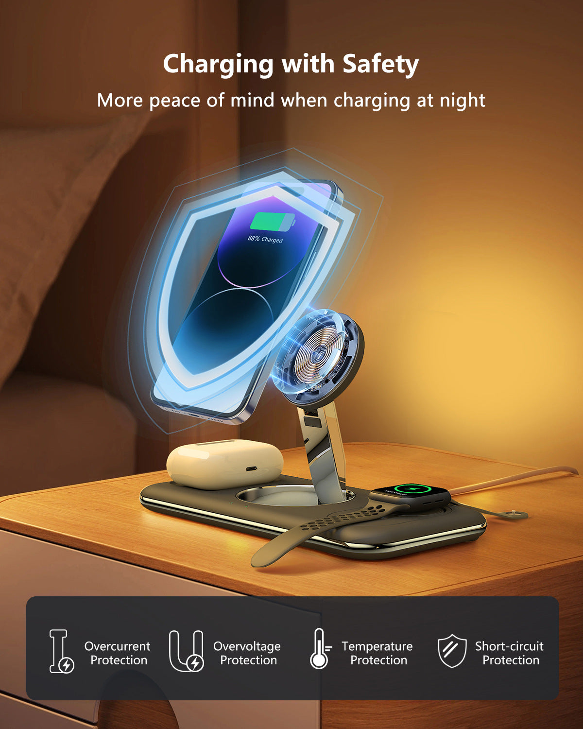 Station de Charge Sans Fil 3-en-1 Pliable – Smartphone, Montre & Écouteurs | nexzo