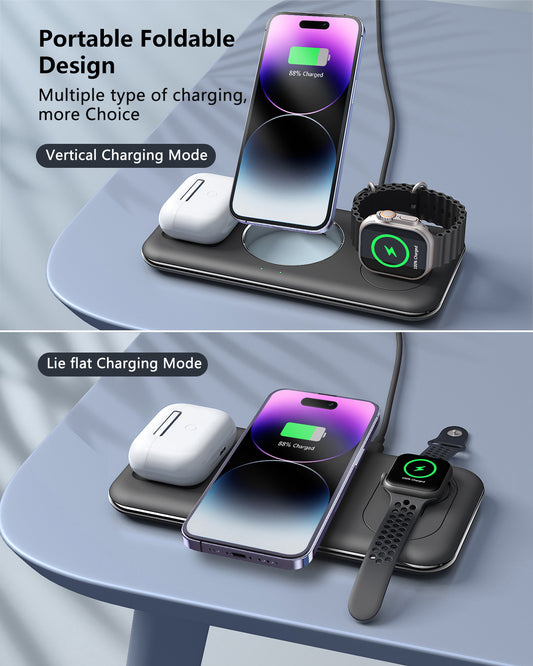Station de Charge Sans Fil 3-en-1 Pliable – Smartphone, Montre & Écouteurs | nexzo