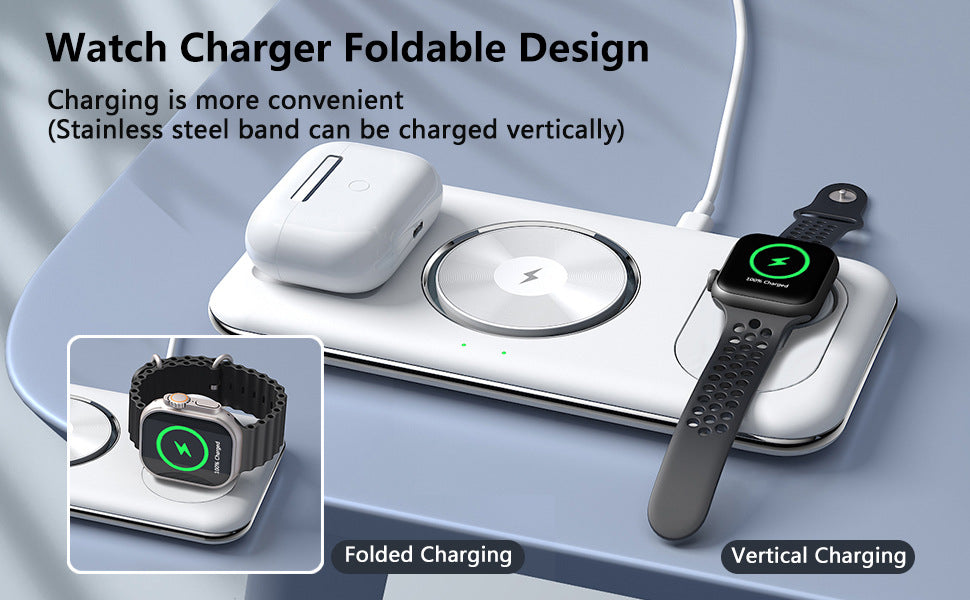 Station de Charge Sans Fil 3-en-1 Pliable – Smartphone, Montre & Écouteurs | nexzo