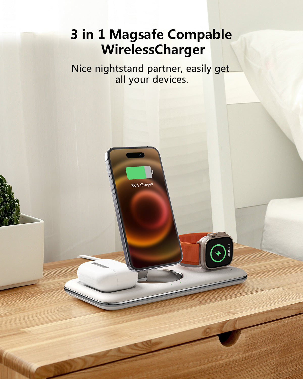 Station de Charge Sans Fil 3-en-1 Pliable – Smartphone, Montre & Écouteurs | nexzo