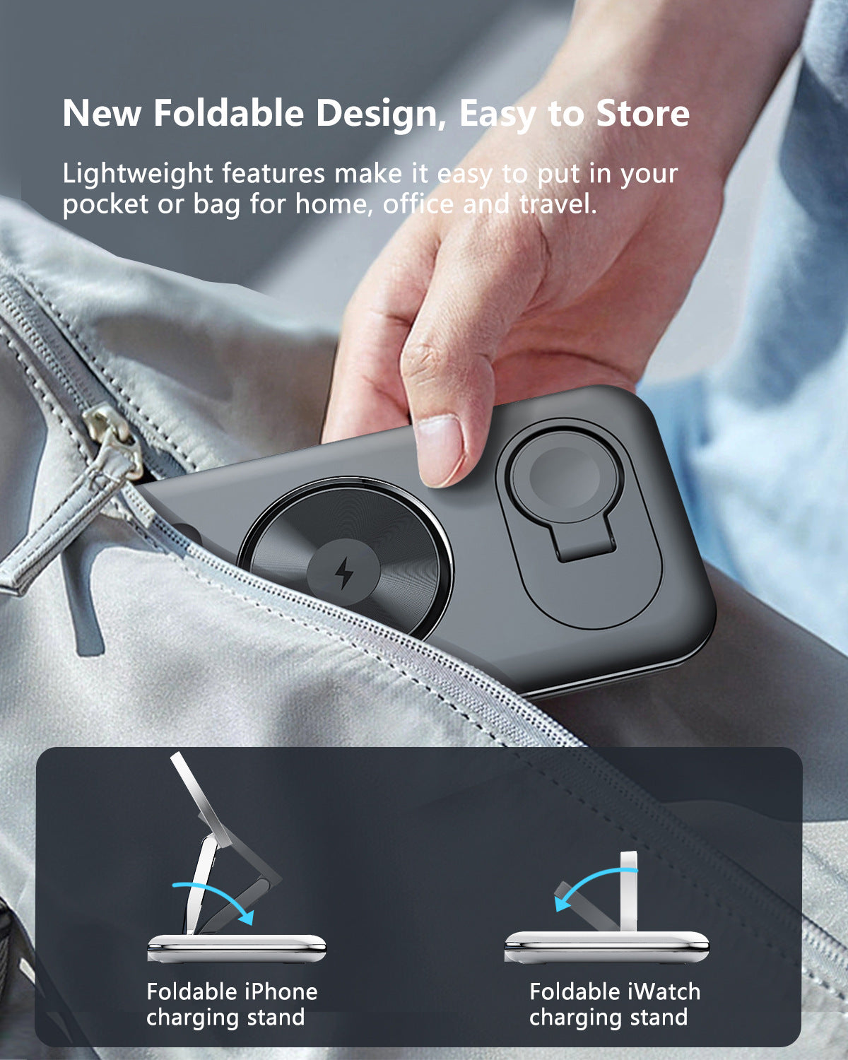 Station de Charge Sans Fil 3-en-1 Pliable – Smartphone, Montre & Écouteurs | nexzo