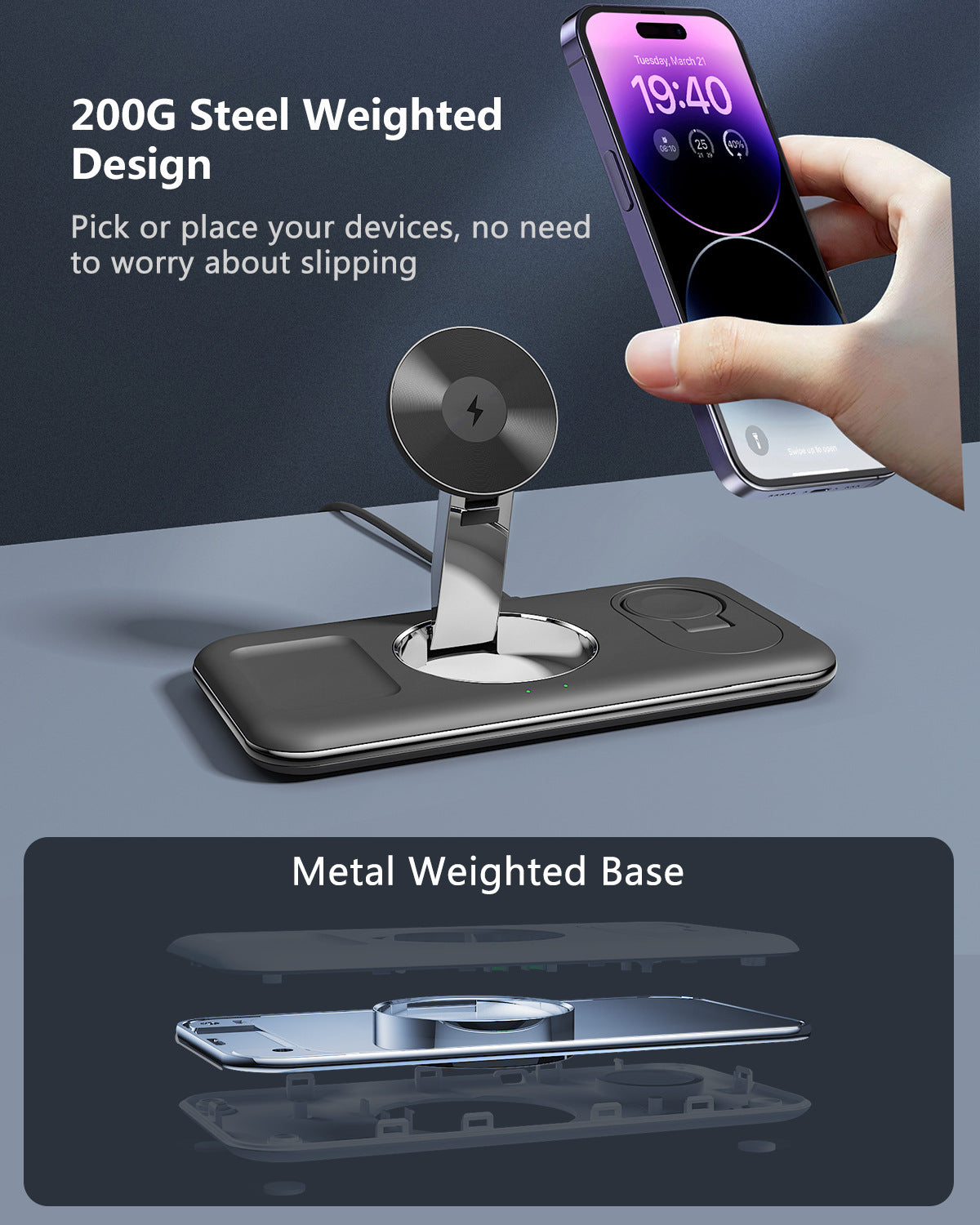 Station de Charge Sans Fil 3-en-1 Pliable – Smartphone, Montre & Écouteurs | nexzo