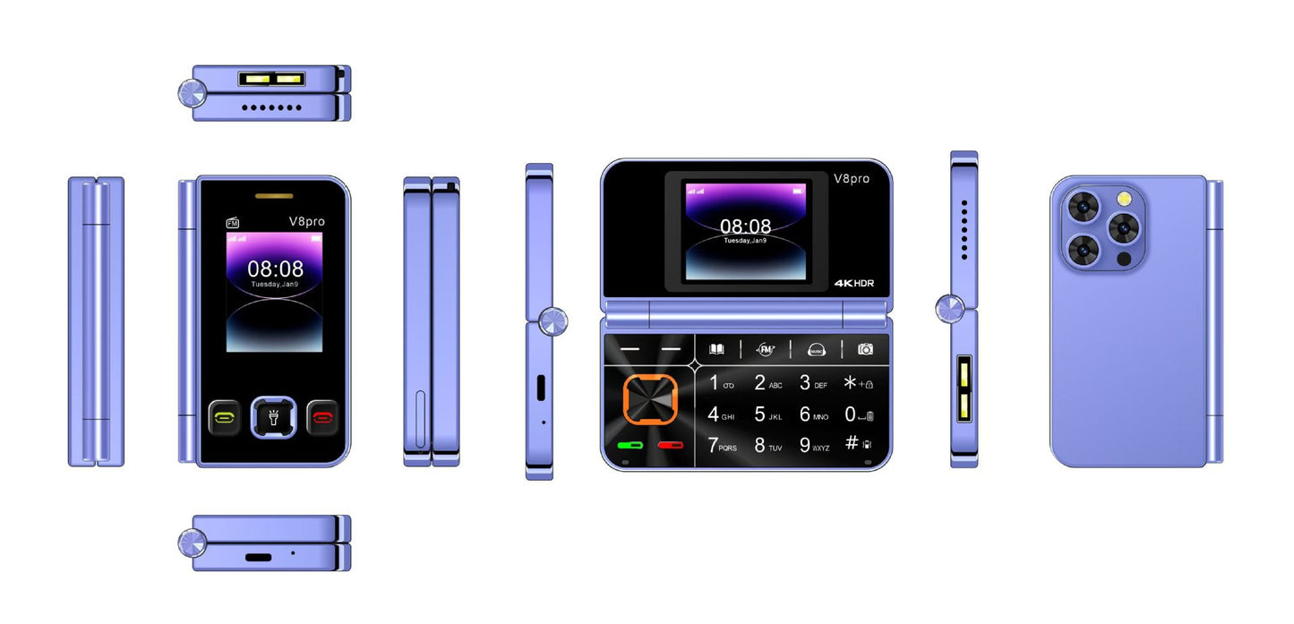 Téléphone Portable à Clapet V8Pro — Double Écran | 3 Coloris