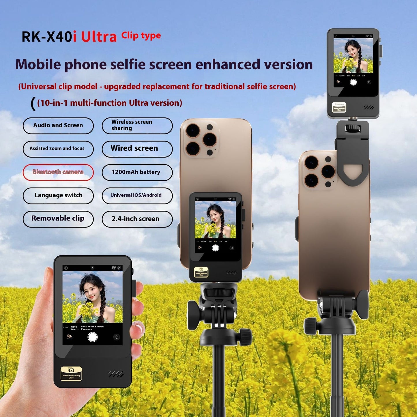 Dispositif Selfie & Partage d’Écran Sans Fil – Écran IPS 2,4” & Bluetooth