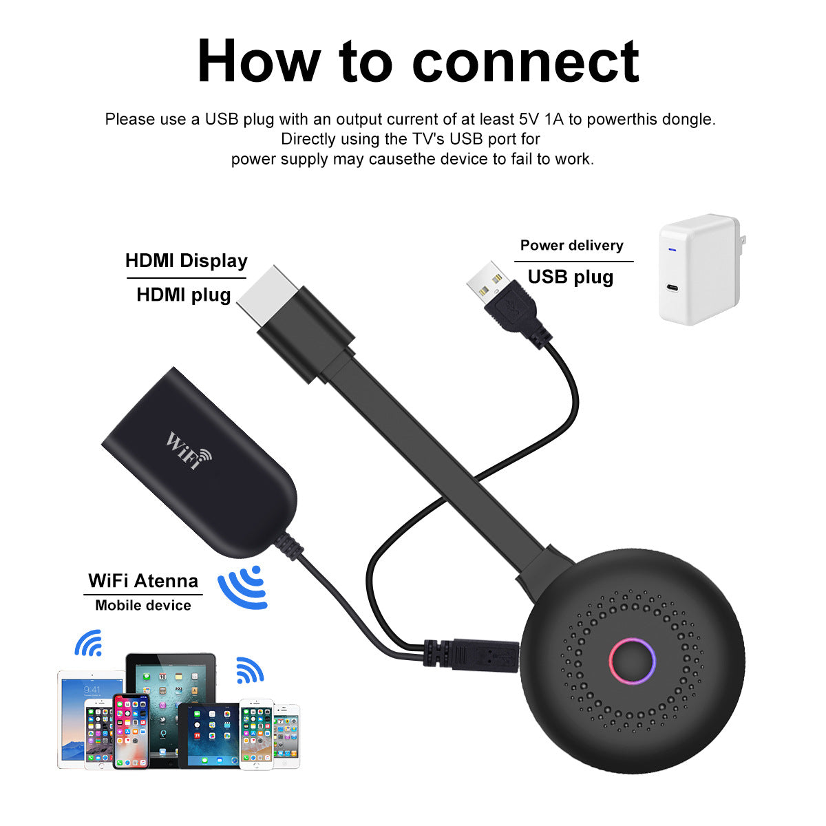 Adaptateur HDMI sans fil — Miroir d'écran HD 1080p (iPhone / Android / Windows)