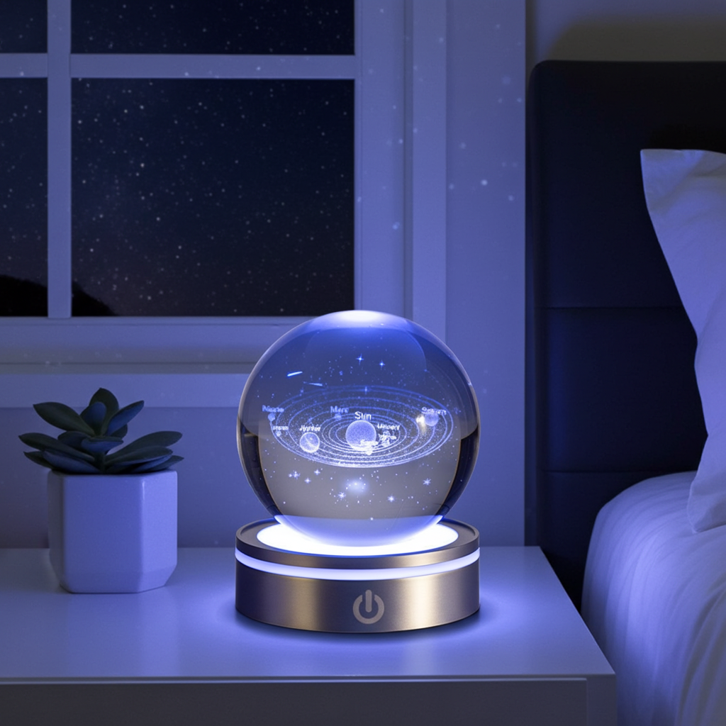 Boule de Cristal 3D Gravée — Veilleuse LED Colorée | 13 Motifs | 8cm