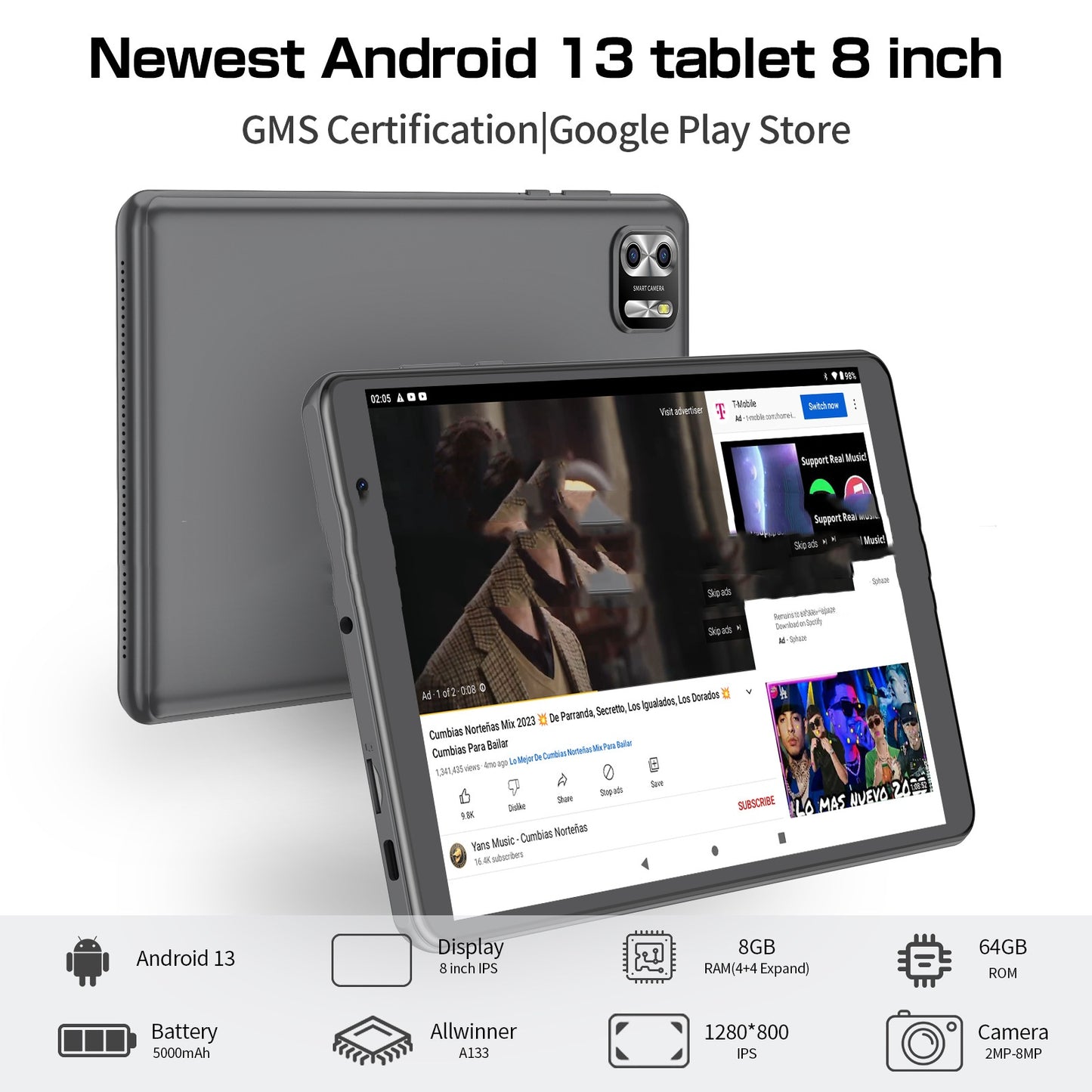 Tablette PC 8 pouces – Octa-Core, Android 13, 64 Go