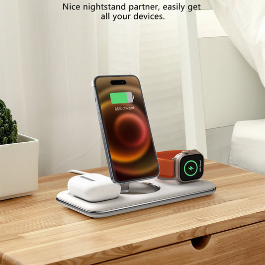 Station de Charge Sans Fil 3-en-1 Pliable – Smartphone, Montre & Écouteurs | nexzo