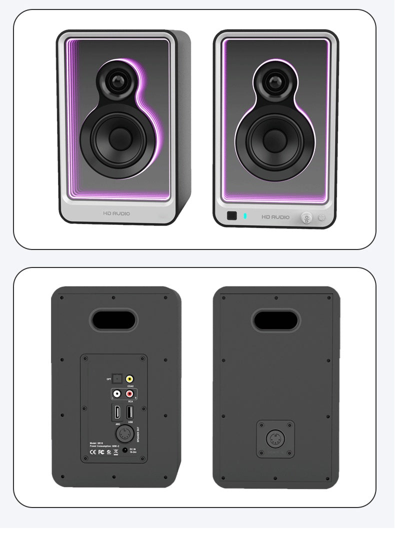 Enceintes PC HIFI 2.0 – 50W, Bluetooth, Optique, HDMI ARC, USB – Éclairage RGB