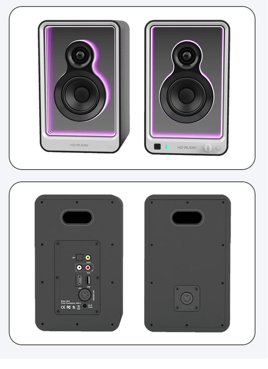 Enceintes PC HIFI 2.0 – 50W, Bluetooth, Optique, HDMI ARC, USB – Éclairage RGB