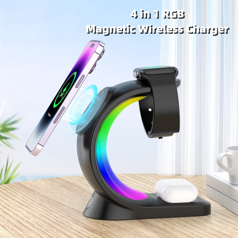 Chargeur Sans Fil Magnétique 4-en-1 – Station de Charge Rapide avec Lumière RGB