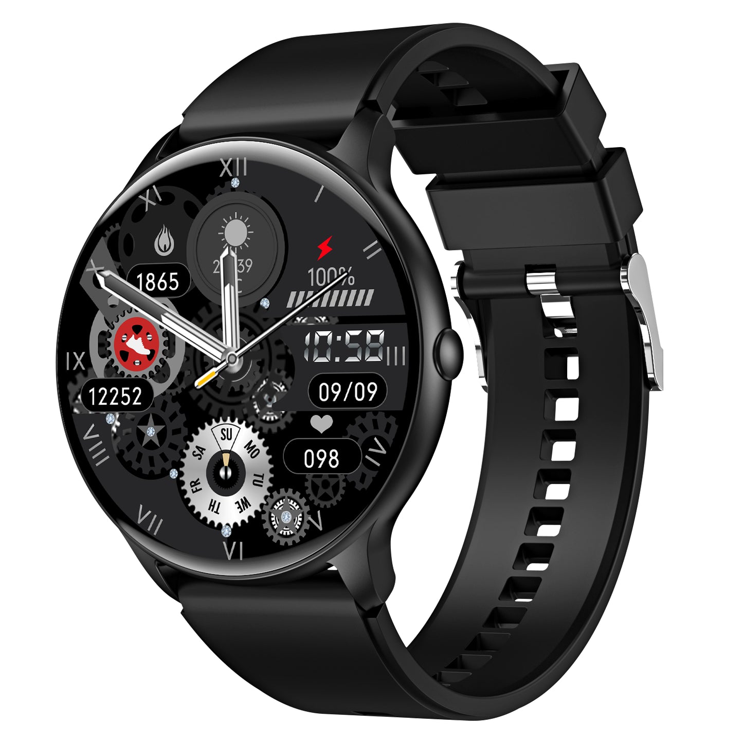 Montre Connectée – Écran Rond 1.53" | Bracelet Silicone | Noir & Rose