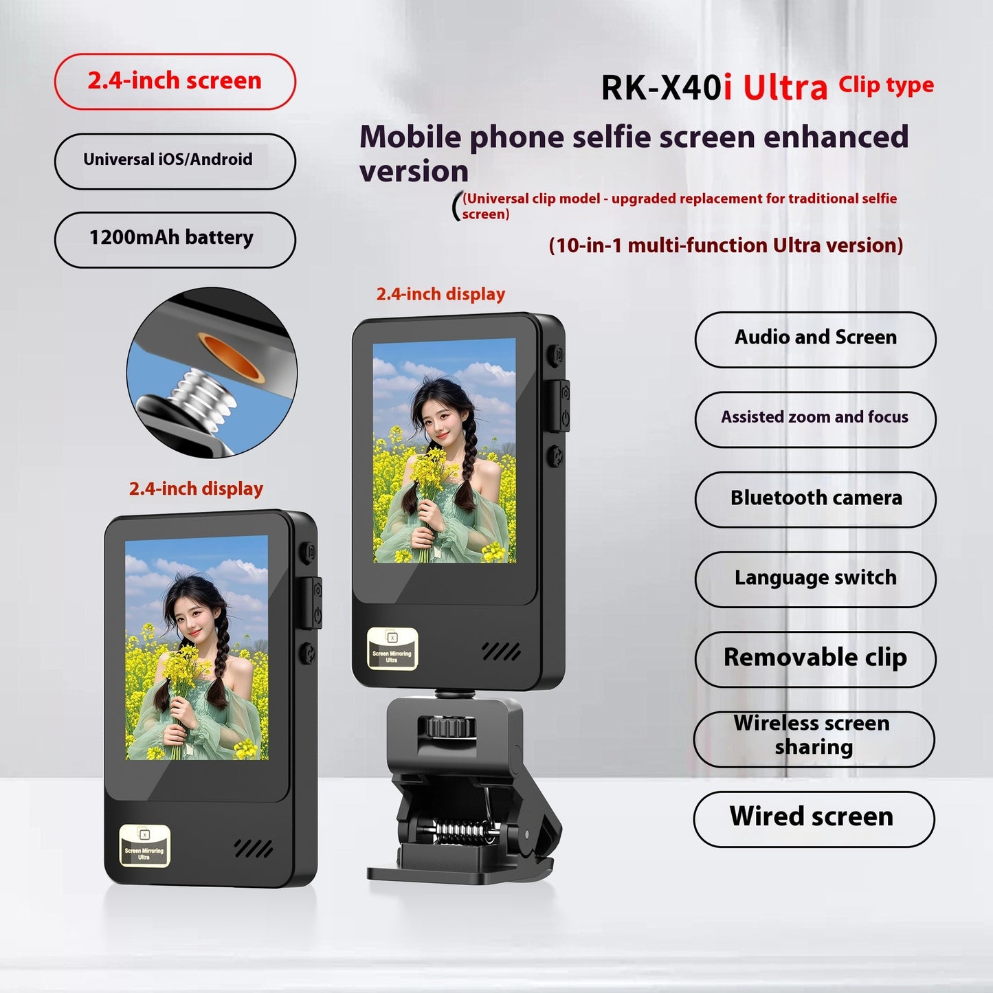 Dispositif Selfie & Partage d’Écran Sans Fil – Écran IPS 2,4” & Bluetooth