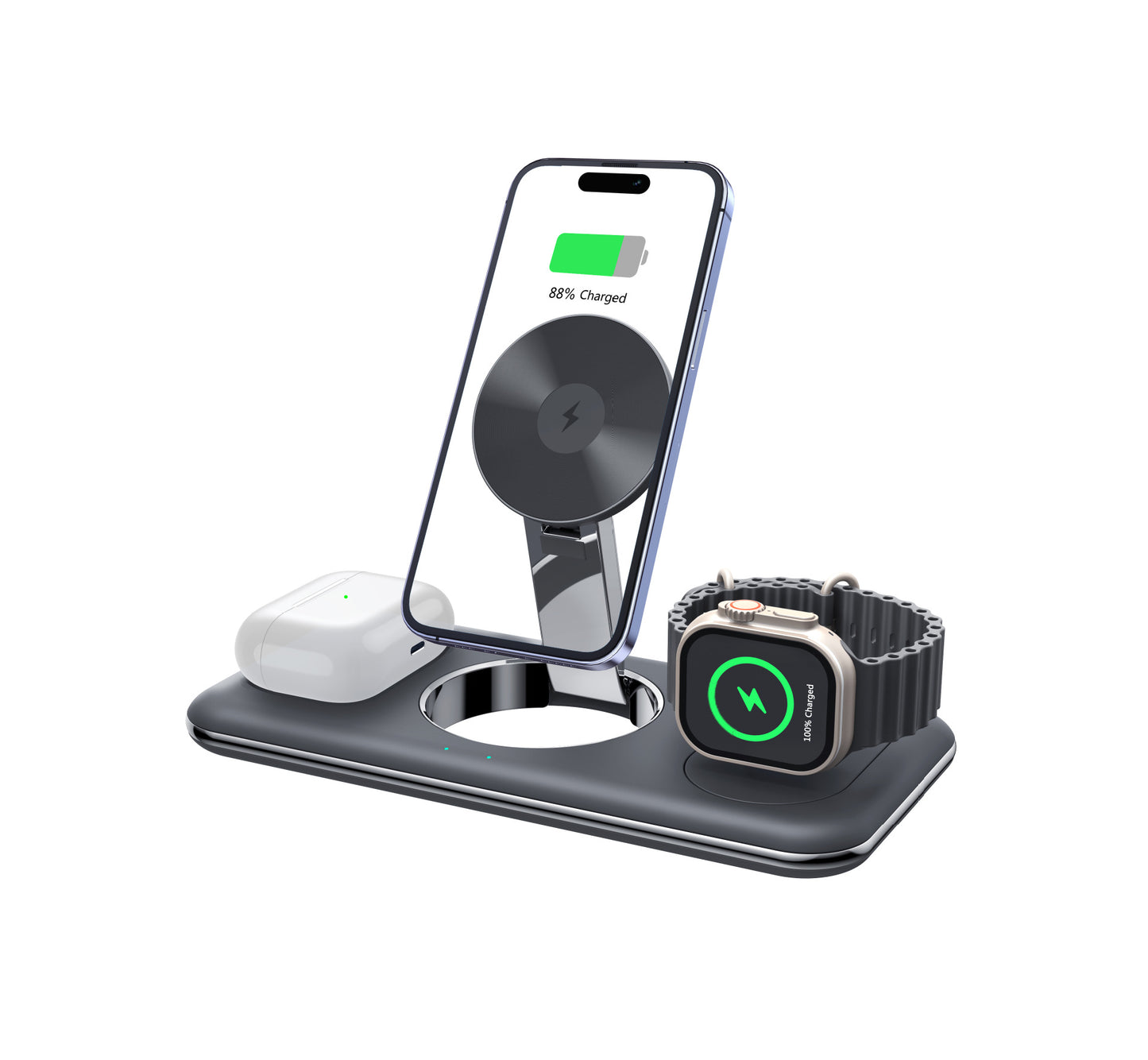 Station de Charge Sans Fil 3-en-1 Pliable – Smartphone, Montre & Écouteurs | nexzo