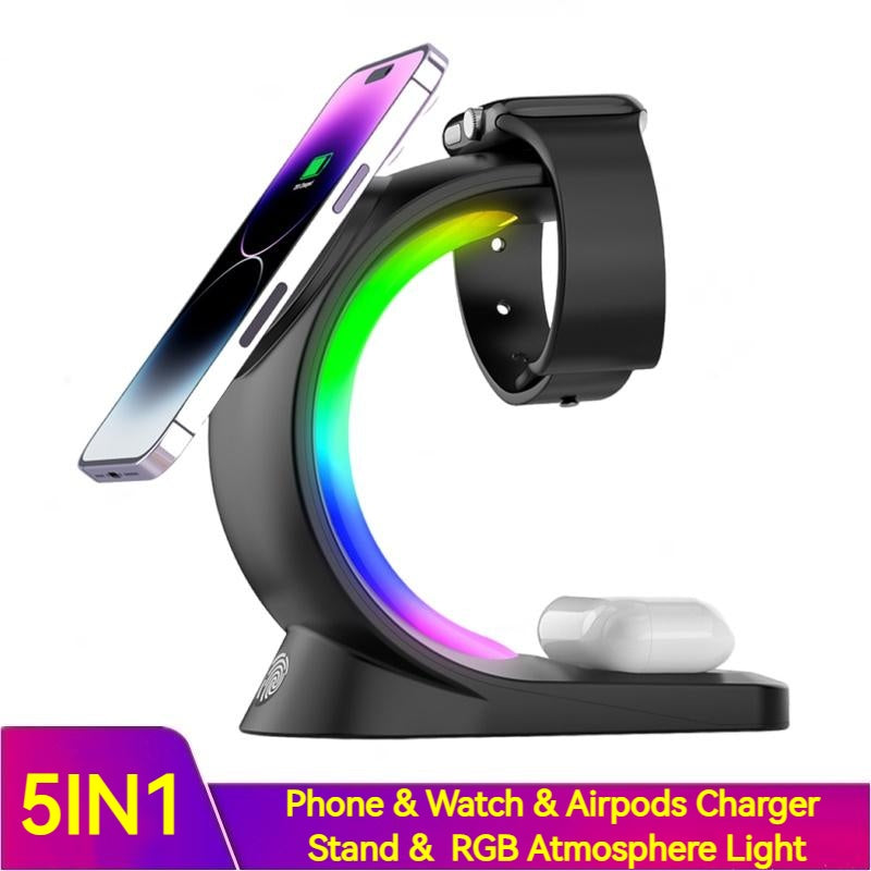 Chargeur Sans Fil Magnétique 4-en-1 – Station de Charge Rapide avec Lumière RGB