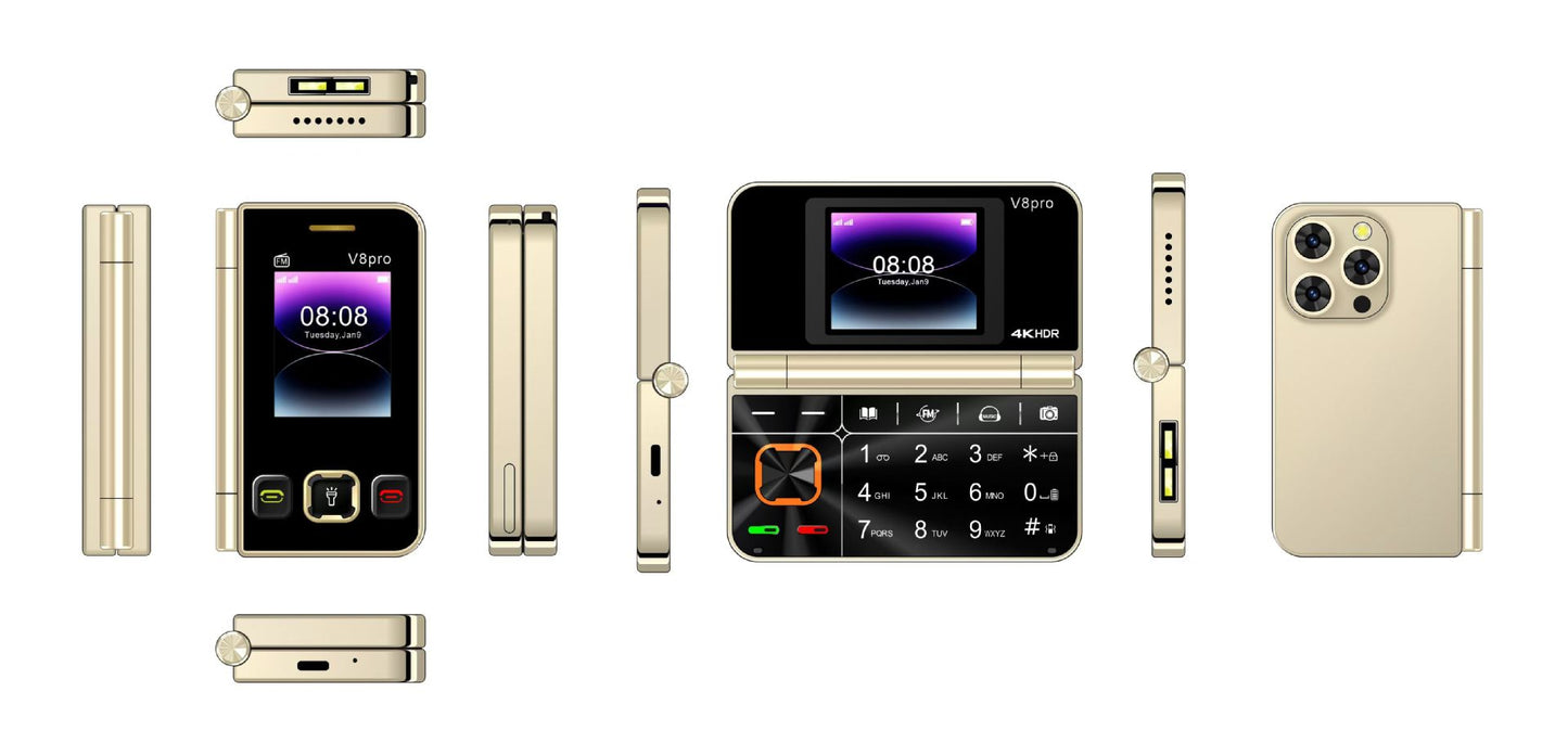Téléphone Portable à Clapet V8Pro — Double Écran | 3 Coloris