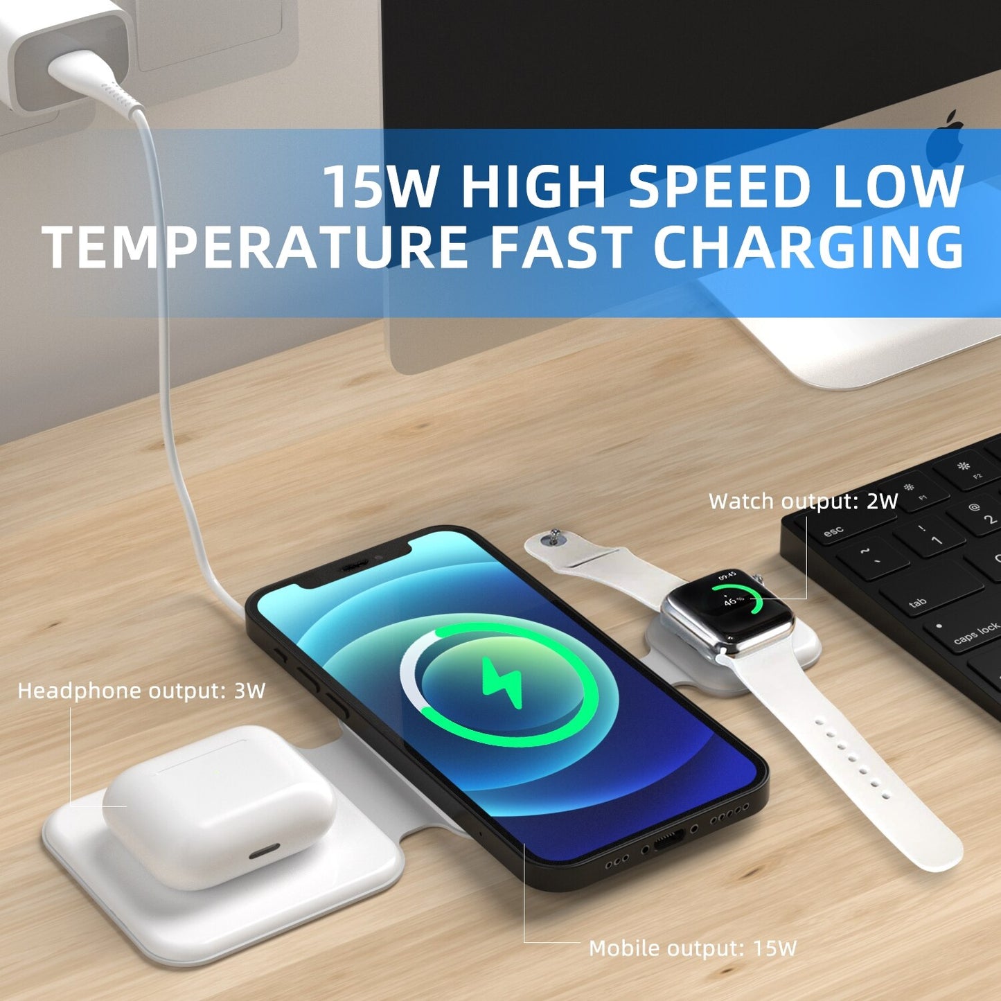 Chargeur Sans Fil 3-en-1 Magnétique Pliable – Station de Charge Rapide 15W