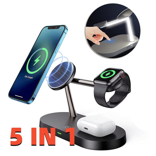 Station de Charge Sans Fil 5-en-1 Magnétique 15W – iPhone, Watch, AirPods + Veilleuse & Support