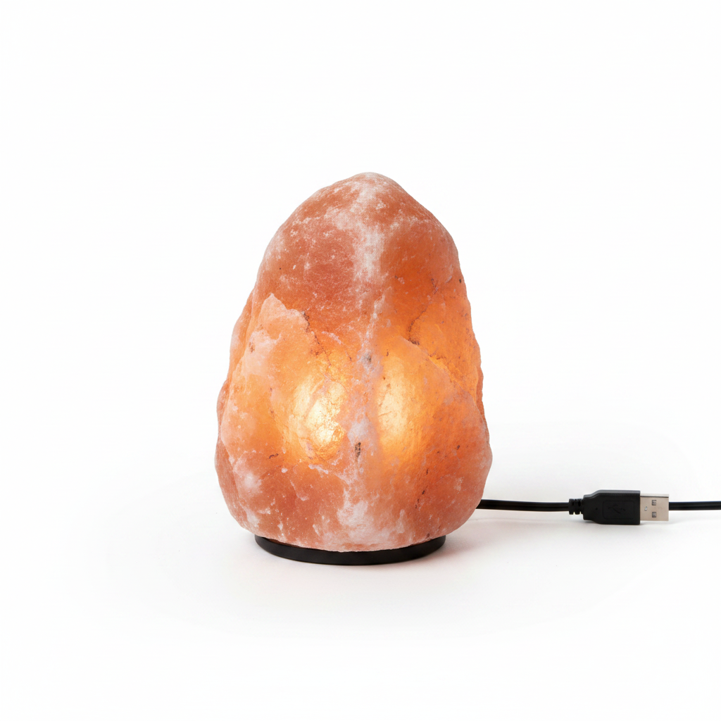 Lampe de sel de l'Himalaya USB sur fond blanc, éclairage studio premium