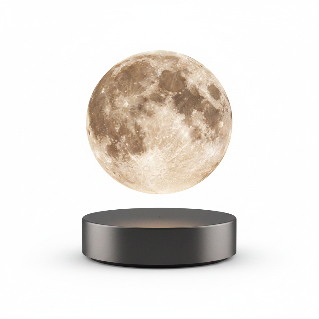 Lampe lune à lévitation magnétique sur fond blanc, éclairage studio premium