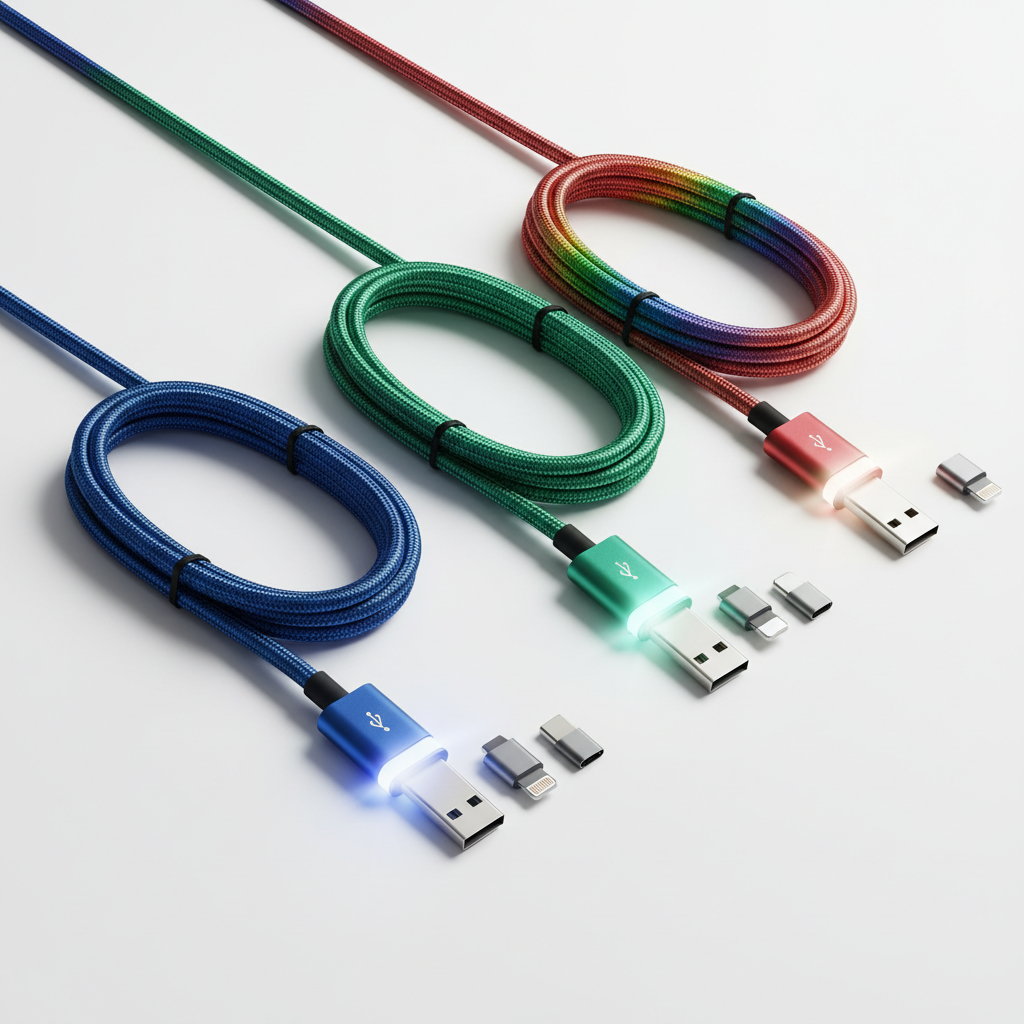 Câble magnétique LED 3-en-1 Micro USB USB-C Lightning tressé nylon Bleu Rouge Vert Multicolore — nexzo