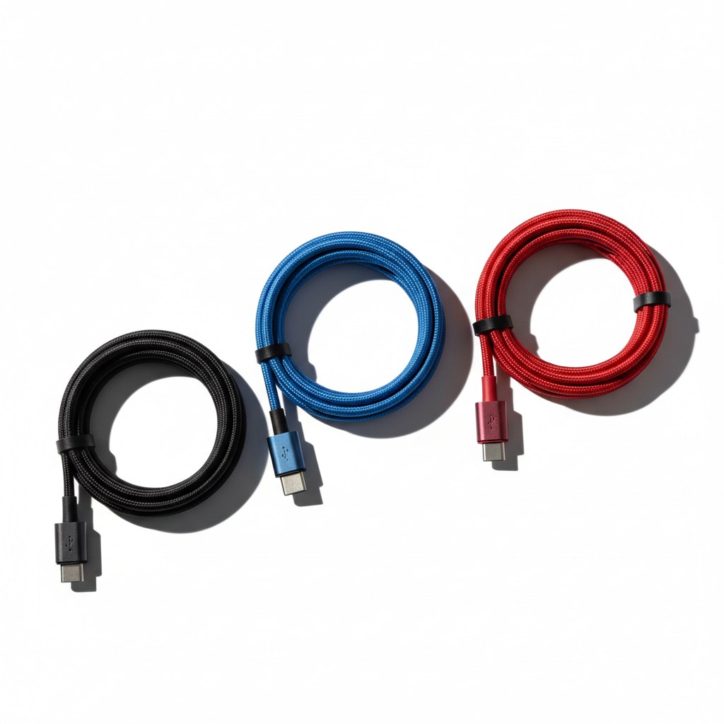 Câble 5-en-1 USB-C charge rapide 3A tressé nylon Noir Bleu Rouge 1,2m — nexzo