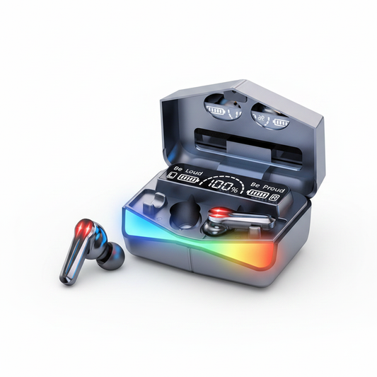 Écouteurs TWS Gaming Basse Latence – Boîtier Hexagonal LED RGB & Affichage Batterie