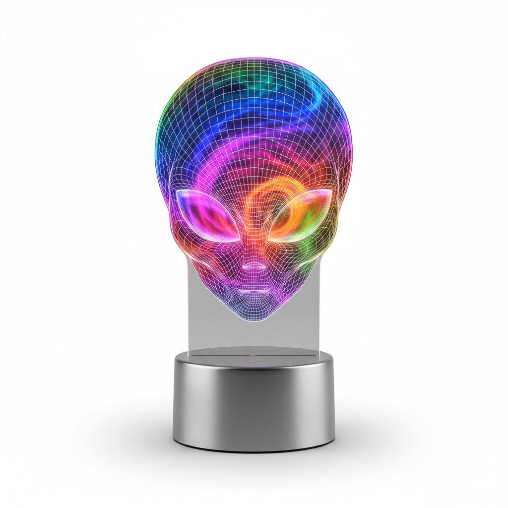 Lampe LED 3D Alien gravure laser sur fond blanc, éclairage studio premium