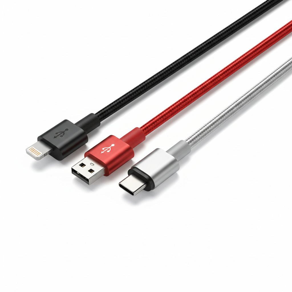 Câble de charge smartphone Lightning Micro USB USB-C Noir Rouge Argent — nexzo