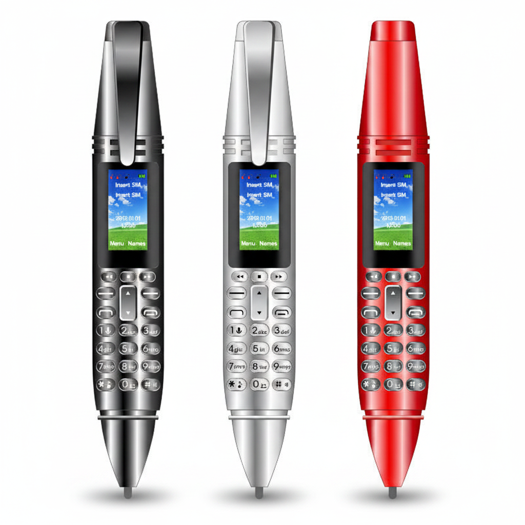 Mini Téléphone Stylo UNIWA AK007 — Hero Shot Noir, Argent & Rouge